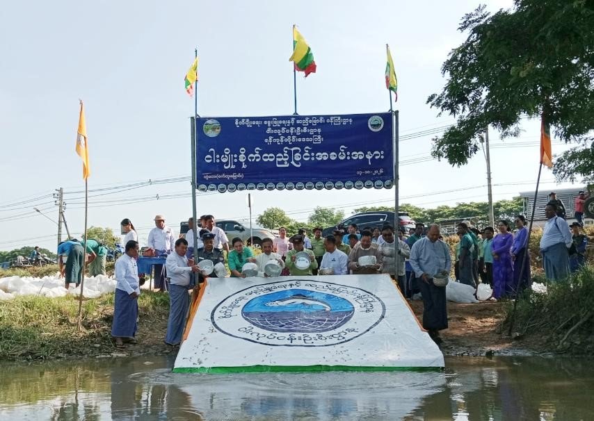 တွံတေးမြို့နယ်၊ ကံရွာကျေးရွာအုပ်စု၊ စက်တူးမြောင်း၌ စိုက်ပျိုးရေး၊ မွေးမြူရေးနှင့် ဆည်မြောင်းဝန်ကြီးဌာန၊ ငါးလုပ်ငန်းဦးစီးဌာနမှ ကျင်းပပြုလုပ်သည့် ငါးမျိုးစိုက်ထည့်ခြင်းအခမ်းအနားသို့ တက်ရောက်